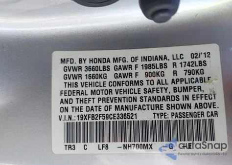 2012 Honda Civic Lx из США, поврежденный, VIN 19XFB2F59CE336521